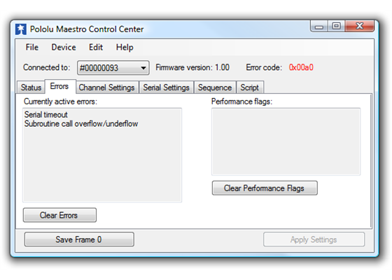 The Errors tab in the Maestro Control Center.