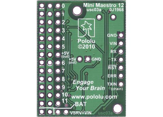 Bottom view of Mini Maestro 12-channel USB servo controller.