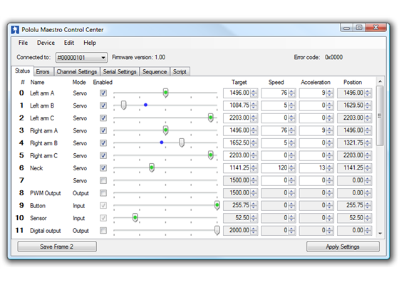 The Status tab in the Maestro Control Center.