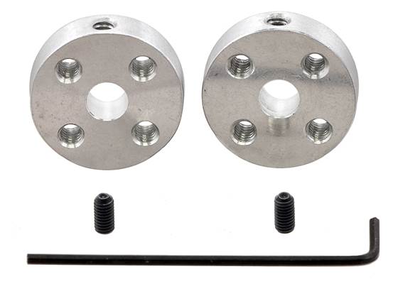 A pair of Pololu universal aluminum mounting hubs for 5&nbsp;mm diameter shafts.