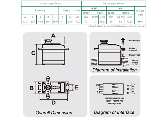 SpringRC SM-S4303R continuous rotation servo dimensions and technical specifications (subject to change without notice).