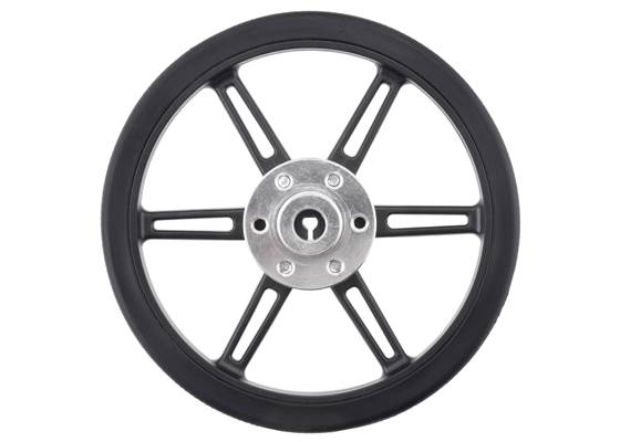 Pololu Universal Mounting Hub for 6mm Shaft mounted to Pololu Wheel 80x10mm.