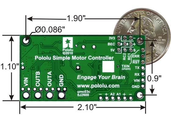 Simple Motor Controller 18v7 bottom view with dimensions.