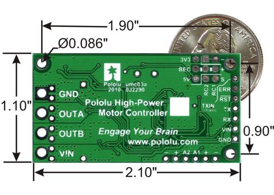 Simple High-Power Motor Controller 18v15 or 24v12 bottom view with dimensions.