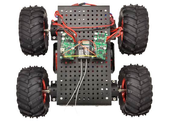 Two Pololu Simple Motor Controllers enable mixed RC-control of Dagu Wild Thumper 4WD all-terrain chassis.