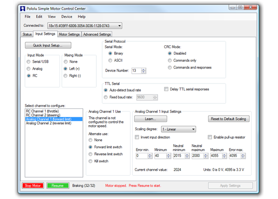 Input Settings tab in the Pololu Simple Motor Control Center.