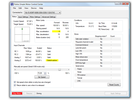Status tab in the Pololu Simple Motor Control Center.
