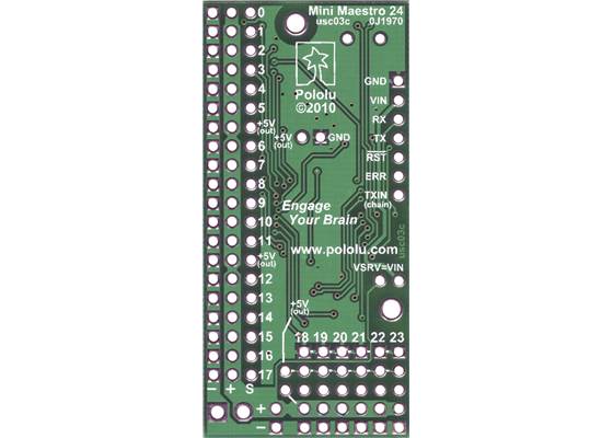 Bottom view of Mini Maestro 24-channel USB servo controller.