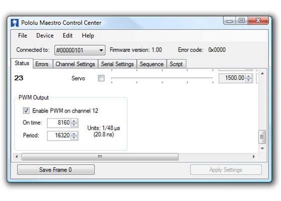 The PWM Output control in the Status tab in the Maestro Control Center (only available on the Mini Maestro 12, 18, and 24).