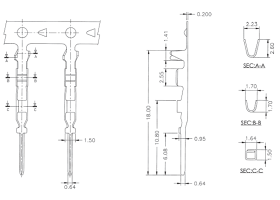 Dimensions (in mm) of male crimp pins for 0.1&quot; housings.