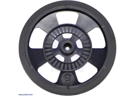 Black Solarbotics SW wheel with silicone tire. This view shows the hub designed for standard Futaba servos and the 64-stripe encoder pattern.