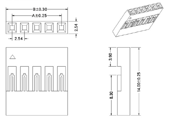 Dimensions (in mm) for single-row 0.1&quot; crimp connector housings.
