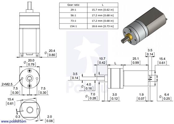 Dimensions of the original Pololu 20D&nbsp;mm metal gearmotors with shorter output shafts.  Units are mm over [inches].  This diagram only applies to the listed gear ratios.