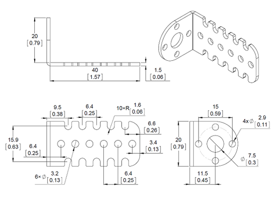 Mechanical drawing for the Pololu 20D mm metal gearmotor bracket.  Units are mm over [inches].