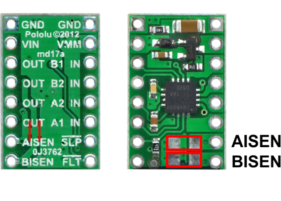 Locations of necessary modifications to enable current limiting on a DRV8833 dual motor driver carrier.
