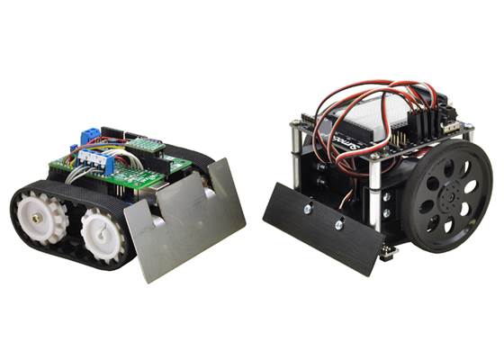Example robot based on the Pololu Zumo chassis next to a Parallax SumoBot.
