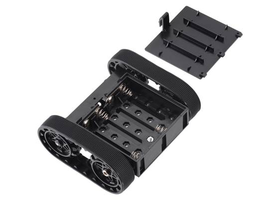 Pololu Zumo chassis kit, assembled bottom view with battery holder cover removed.
