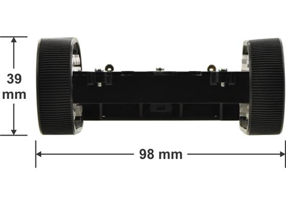 Pololu Zumo chassis, assembled front view with dimensions.