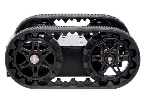 Pololu Zumo chassis, assembled side view (shown with motors, which are available separately).