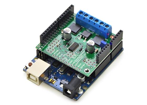 Pololu dual MC33926 motor driver shield, assembled and connected to an Arduino Uno R3.