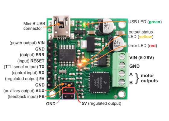 Pololu Jrk 21v3 USB motor controller with feedback, labeled top view.
