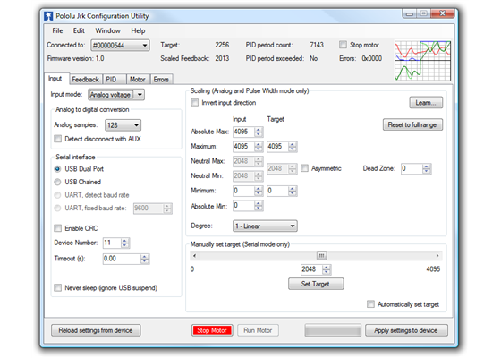 The Input tab of the Jrk Configuration Utility