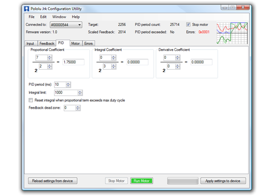 The PID tab of the Jrk Configuration Utility