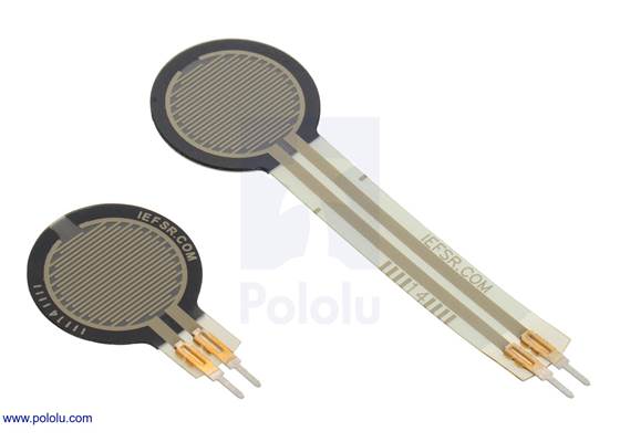 0.6″-diameter short-tail force sensing resistor (FSR) next to a 0.6″-diameter FSR with a standard tail.