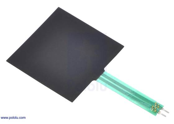 Force-sensing resistor (1.5″ square), bottom side with masked adhesive backing.