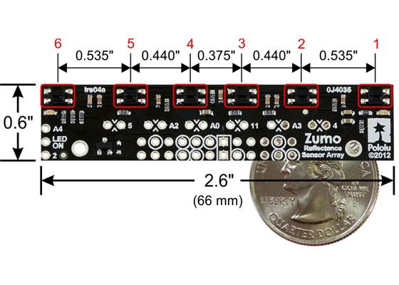 Zumo reflectance sensor array with labeled sensors and dimensions.