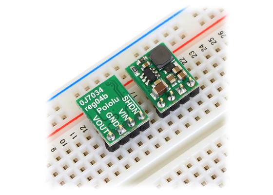 Pololu step-down voltage regulators D36V6Fx/D24V6Fx/D24V3Fx in a breadboard.