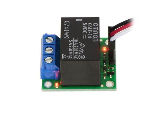 Pololu basic SPDT relay carrier with relay energized (servo cable not included).