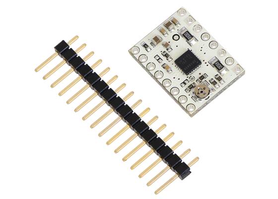DRV8834 low-voltage stepper motor driver carrier with included header pins.