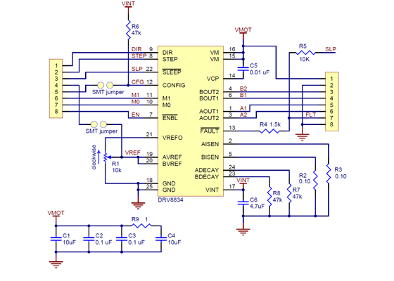 Schematic diagram for the DRV8834 low-voltage stepper motor driver carrier.