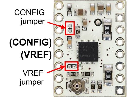 Jumpers for enabling optional CONFIG and VREF pins on the DRV8834 low-voltage stepper driver carrier.