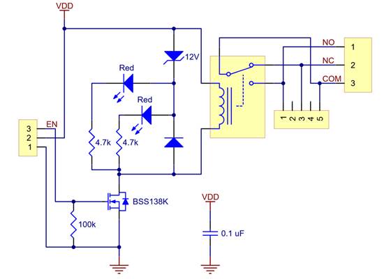 Schematic diagram for the Pololu basic SPDT relay carriers.