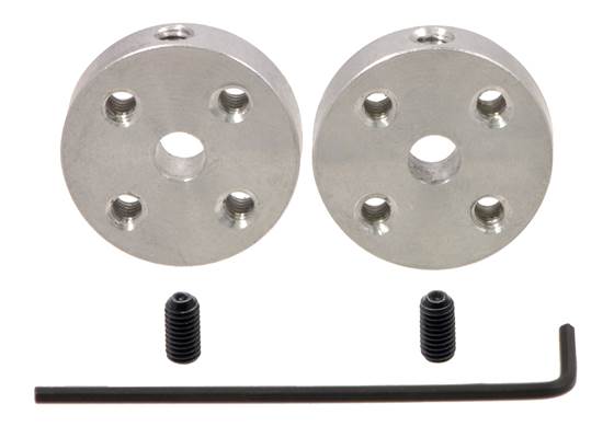 A pair of Pololu universal aluminum mounting hubs for 4&nbsp;mm diameter shafts.