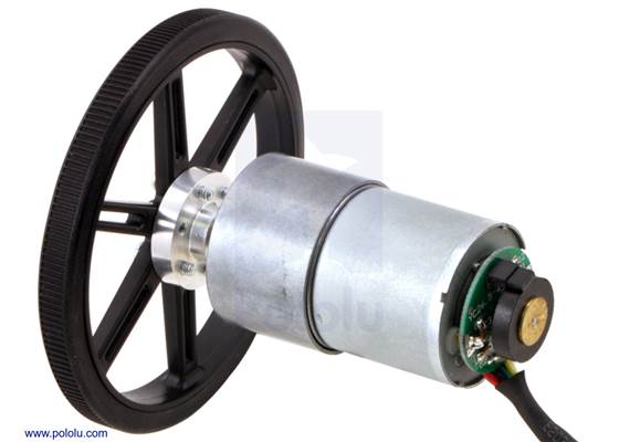 37D&nbsp;mm metal gearmotor with 64&nbsp;CPR encoder (no end cap) and Pololu 90&#215;10mm wheel.