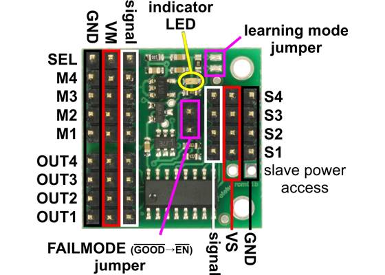 Pololu 4-Channel RC Servo Multiplexer (Assembled), labeled pinout.