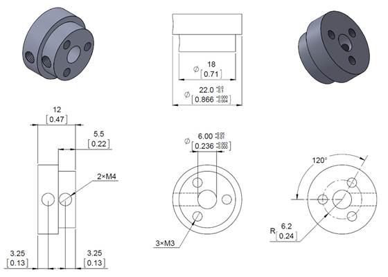 Dimension diagram of the Pololu aluminum scooter wheel adapter threaded mount for 6&nbsp;mm shafts. Units are mm over [inches].