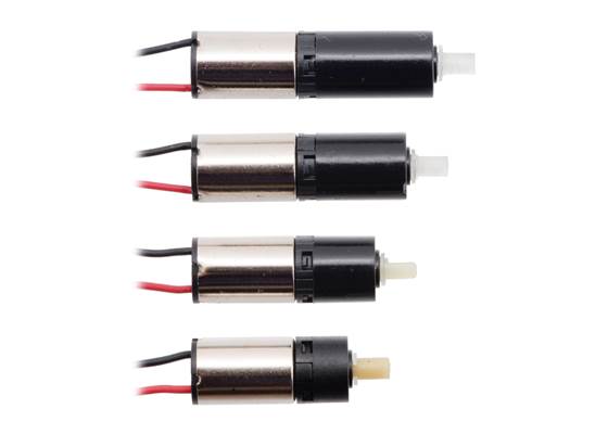 Sub-micro plastic planetary gearmotors; from top to bottom: 700:1, 136:1, 26:1, 5.1:1.