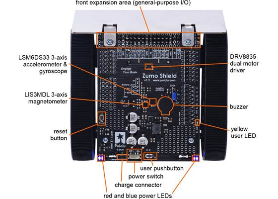Assembled Zumo Robot for Arduino, top view with labeled components.