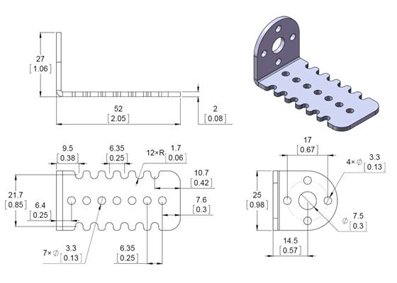 Dimension diagram for the #2676 Pololu 25D&nbsp;mm Metal Gearmotor Bracket.  Units are mm over [inches].