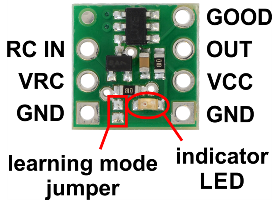 Pololu RC Switch with Digital Output, labeled top view.