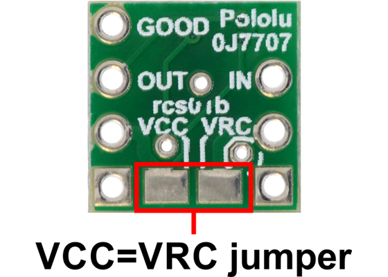 Pololu RC Switch with Digital Output, bottom view with the VCC=VRC jumper labeled.