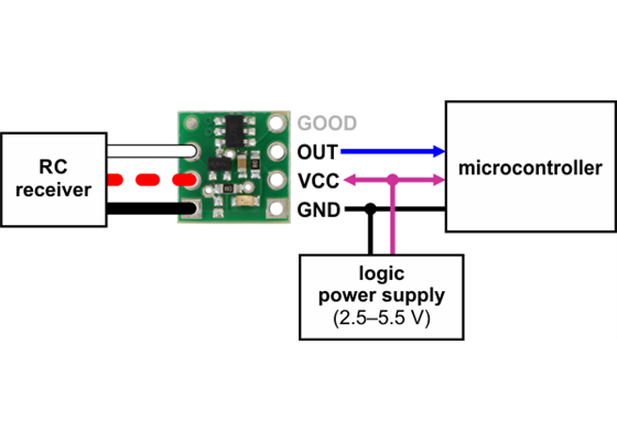 Typical wiring diagram for the Pololu RC Switch with Digital Output.