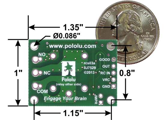 Pololu RC Switch with Relay, bottom view with dimensions.