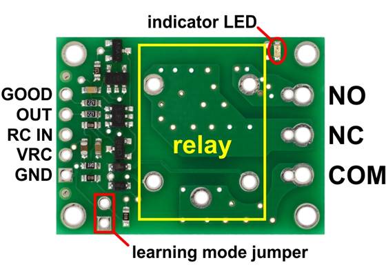 Pololu RC Switch with Relay carrier board, labeled top view.