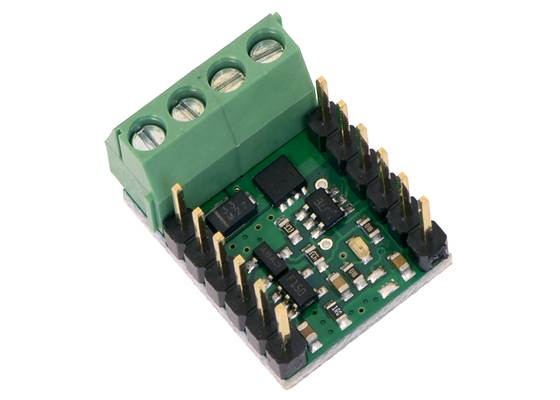 Pololu RC Switch with Medium Low-Side MOSFET with included terminal blocks and headers soldered to the component side.