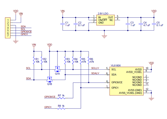 Schematic diagram of the VL6180X Time-of-Flight Distance Sensor Carrier.